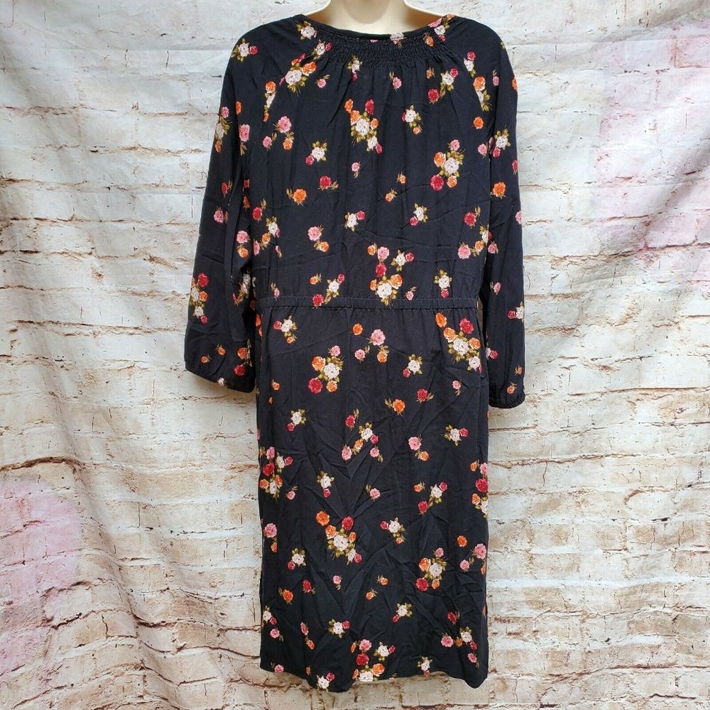J. Jill Black Floral Dress Long Sleeves Button Front Cottage Core Size Large L - Picture 2 of 7
